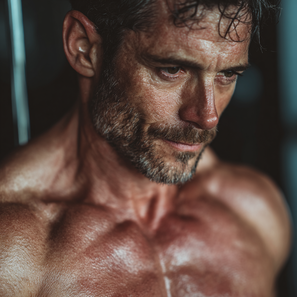 confident muscular man in gym doing strength training with determination
